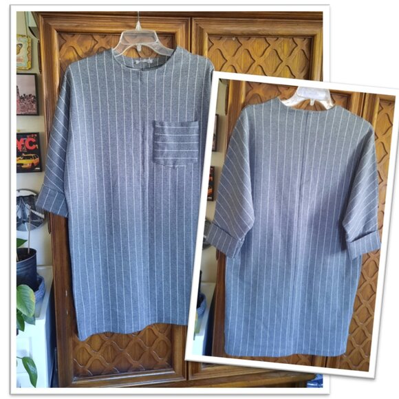 ZARA Gray Pinstripe Dolman Sleeve Pocket Cocoon Tunic Shift Dress - Size S - Picture 1 of 16